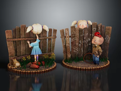 Girl And Boy Doll Figures With Chick Near Wooden Fences And Plants 3d model