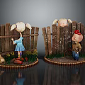 Girl And Boy Doll Figures With Chick Near Wooden Fences And Plants