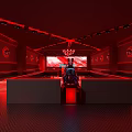 Cyberpunk Style Bar Interior With Red Neon Lights And Long Counter