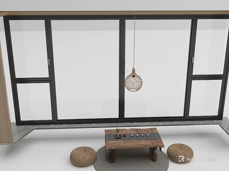 Modern Tea Table And Chairs With Rattan Hanging Lamp Round Cushions And Glass Sliding Doors 3d model 