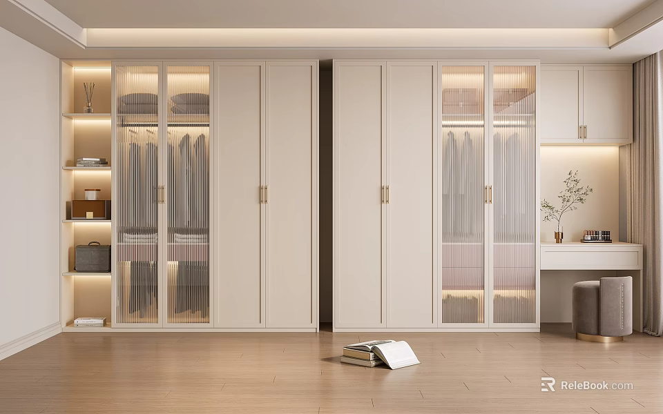 Elegant Modern Wardrobe Design With Glass Doors Gold Handles And White Finish 3d model 