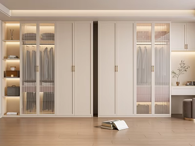 Elegant Modern Wardrobe Design With Glass Doors Gold Handles And White Finish 3d model