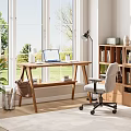 Home Office Study Room With Wooden Desk Laptop Lamp Bookshelf Potted Plant And Natural Light