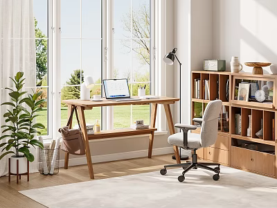 Home Office Study Room With Wooden Desk Laptop Lamp Bookshelf Potted Plant And Natural Light 3d model