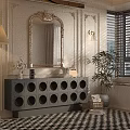 Elegant Entryway Cabinet With Decorative Mirror Floor Lamp Potted Plant And Patterned Rug