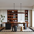 Modern Middle Ancient Style Study Bookcase Entrance Background Desk and Chair Combination Chandelier Spinning Bicycle 3d model