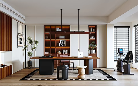 Modern Middle Ancient Style Study Bookcase Entrance Background Desk and Chair Combination Chandelier Spinning Bicycle 3d model