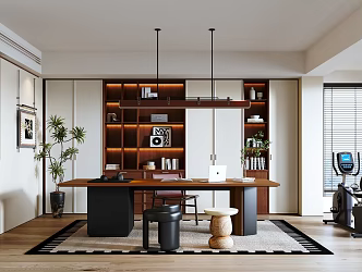 Modern Middle Ancient Style Study Bookcase Entrance Background Desk and Chair Combination Chandelier Spinning Bicycle 3d model