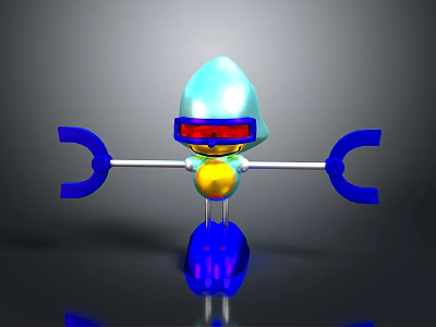 3D Character With Light Blue Head Red Goggles Yellow Sphere And Blue Fork Arms 3d model