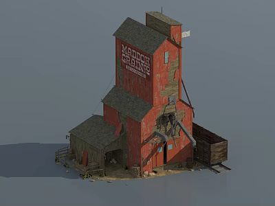 Old Red Weathered Grain Elevator with Monarch Grain Sign Shed and Wooden Crates 3d model