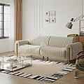 Modern Striped Sofa And Glass Coffee Table Set With Green Plants And Rug