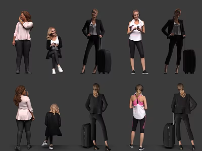 Multiple Women In Different Poses With Various Outfits Luggage And Mobile Phones 3d model
