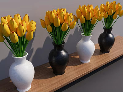 Vibrant Yellow Tulips Arranged in White and Black Vases on Wooden Shelf 3d model