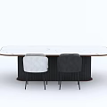 Modern Dining Table Set With White Tabletop Brown Edge And Black White Chairs 3d model