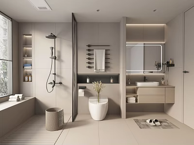 Modern Bathroom Interior Design With Vanity Mirror Shower Area And Cabinets 3d model