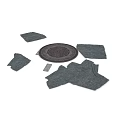 Gray Textured Material Sheets With Central Circular Woven Object And Scattered Pieces