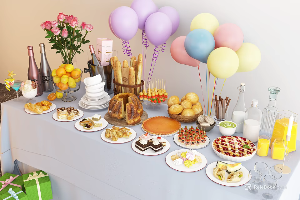 Assorted Party Food Spread With Desserts Fruits Bread Drinks And Colorful Balloons 3d model 