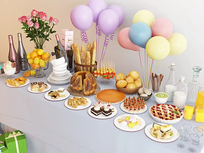 Assorted Party Food Spread With Desserts Fruits Bread Drinks And Colorful Balloons 3d model
