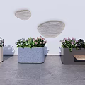 White Blue Gray Flower Planters With Green Plants On Concrete Floor And Minimalist Wall