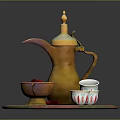 Household Tea Set With Yellow Teapot Small Bowl Red Fruits White Cups And Woven Mat