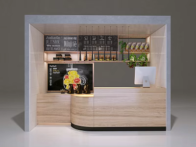 Modern Milk Tea Shop Bar Counter With Menu Board Drinks Display And Green Plants 3d model