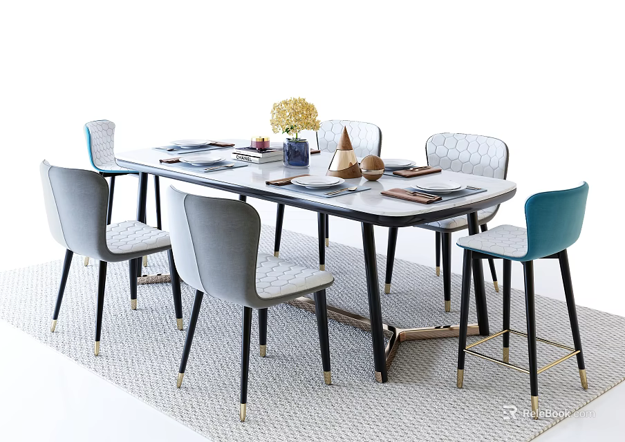 Modern Dining Table Set With Gray And Blue Chairs Flower Vase Tableware And Decorative Items 3d model