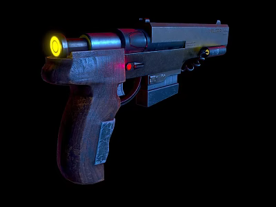 3D Rendered Futuristic Sci Fi Pistol with Yellow Glowing Muzzle Black And Brown Design 3d model