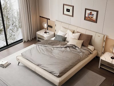 Modern Bedroom With Light Beige Bed Gray Comforter Pillows Nightstands Lamps And Snowy Window View 3d model