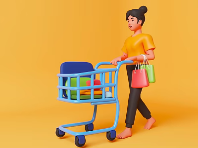 Game Movie Female Character With Bun Pushing Blue Shopping Cart Holding Colorful Bags Orange Background 3d model