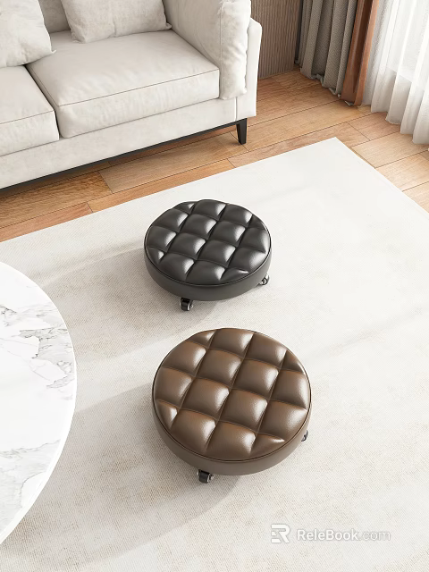 Tufted Leather Round Stools in Black and Brown for Living Room Decor Setup 3d model 