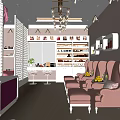 Modern Beauty Salon Interior With Pink Sofas White Counter Shelves And Chandeliers