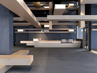 HL Hotel Front Desk Design With Ceiling Beams And Modern Lighting Fixtures 3d model
