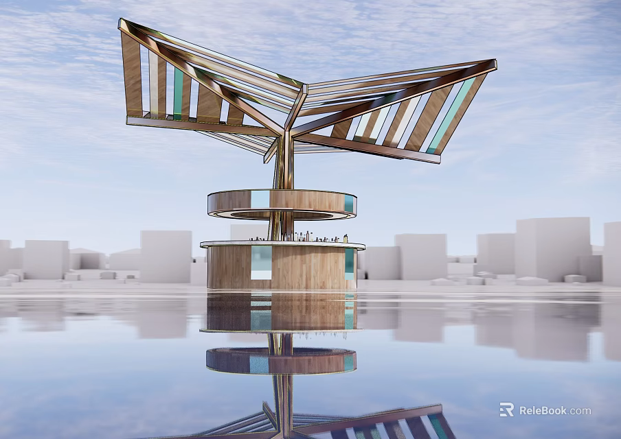 Modern Architectural Landscape Pavilion With Unique Roof Design Wooden Structure Glass Panels And Water Reflection 3d model 