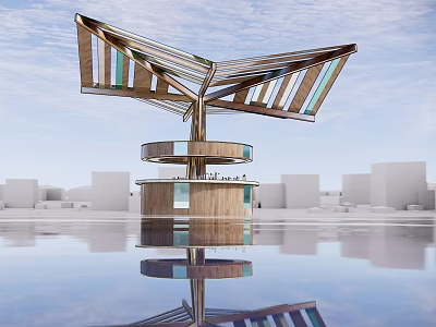 Modern Architectural Landscape Pavilion With Unique Roof Design Wooden Structure Glass Panels And Water Reflection 3d model