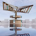 Modern Architectural Landscape Pavilion With Unique Roof Design Wooden Structure Glass Panels And Water Reflection