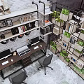 Industrial Office Interior Design With Bookshelves Green Plants Desk Chairs And Staircase