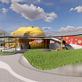 Fun Colorful Kids Playground With Yellow Cloud Structures Red Arches And Raindrop Decorations