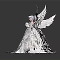 Fantasy Game Movie Character With Elegant White Gown White Feathered Wings Blue Hair And Ornate Staff