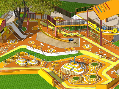 Vibrant Children's Playground Featuring Slide Climbing Structure Numbers Orange Surface And Green Lawn 3d model