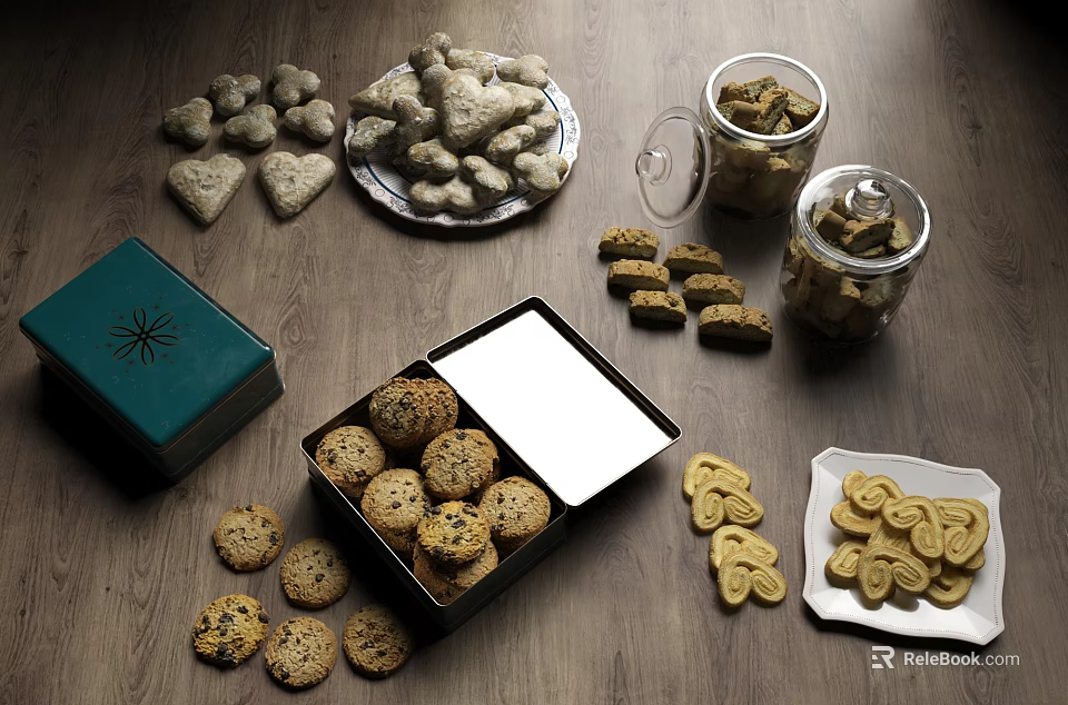 Assorted Shaped Cookies In Box And Glass Jars On Wooden Table 3d model 