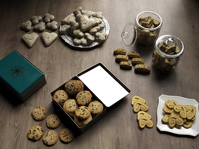 Assorted Shaped Cookies In Box And Glass Jars On Wooden Table 3d model