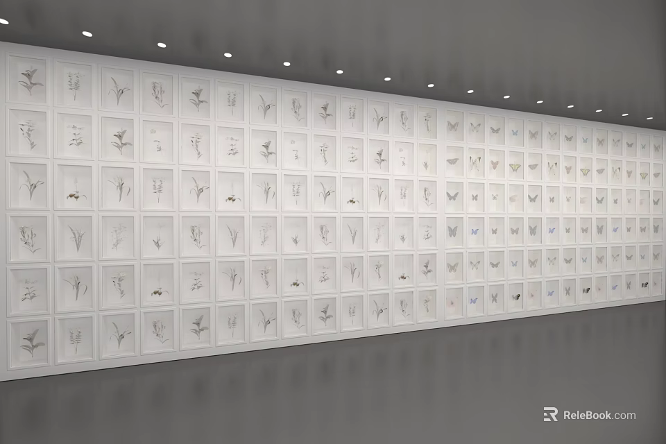 Art Installation Featuring Gallery Wall With Framed Artworks Under Spotlight Illumination In Modern Exhibition Space 3d model 