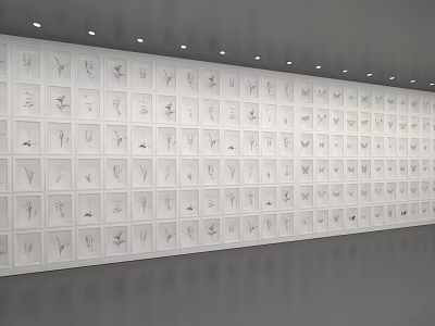 Art Installation Featuring Gallery Wall With Framed Artworks Under Spotlight Illumination In Modern Exhibition Space 3d model