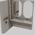 Modern Bathroom Vanity With Double Sinks Wooden Cabinet And Round Mirror
