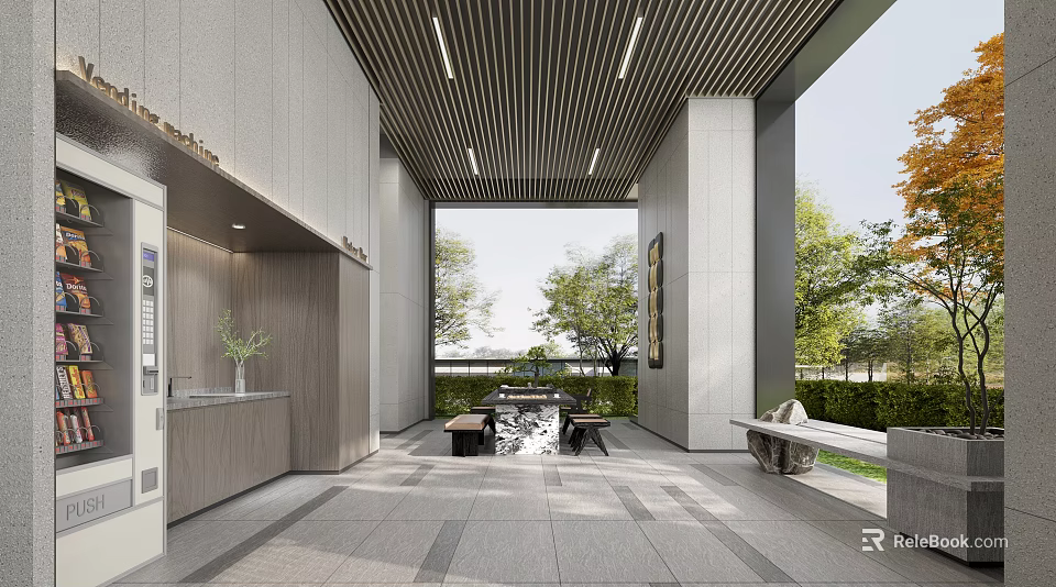 Modern Building Entrance Lobby With Wooden Decor Large Windows And Green Landscaping 3d model 