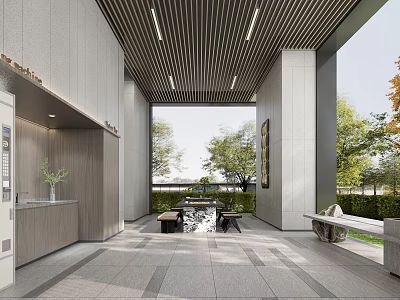 Modern Building Entrance Lobby With Wooden Decor Large Windows And Green Landscaping 3d model