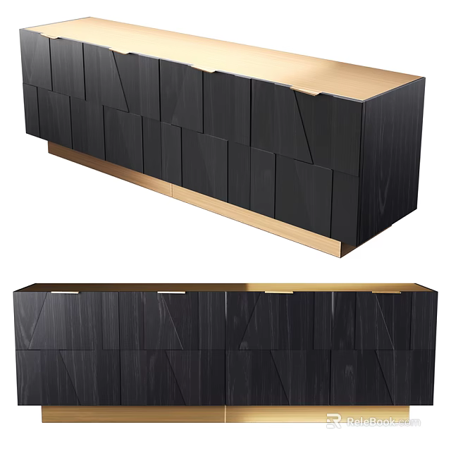 Elegant Modern Wooden Sideboard Featuring Black And Gold Geometric Panel Design 3d model 