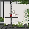 Modern Garden Landscape With White Feature Wall Red Vase Branches Green Plants And Palm Leaves