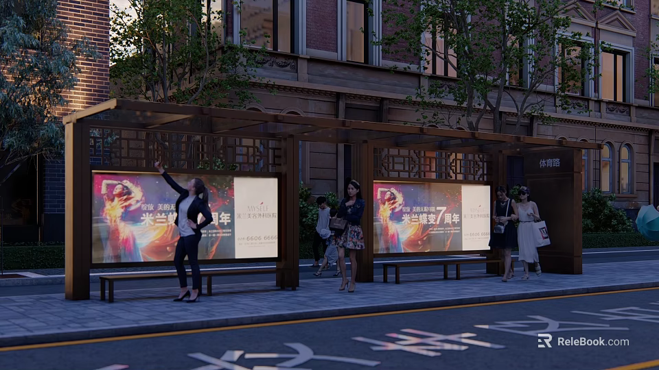 Modern Bus Station With Billboard Shelter And Pedestrians Near Building Trees 3d model 