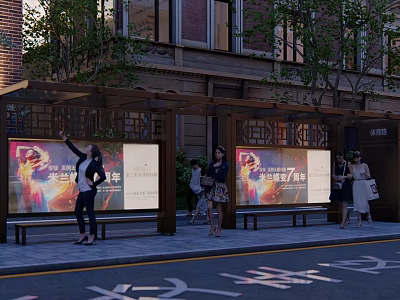 Modern Bus Station With Billboard Shelter And Pedestrians Near Building Trees 3d model